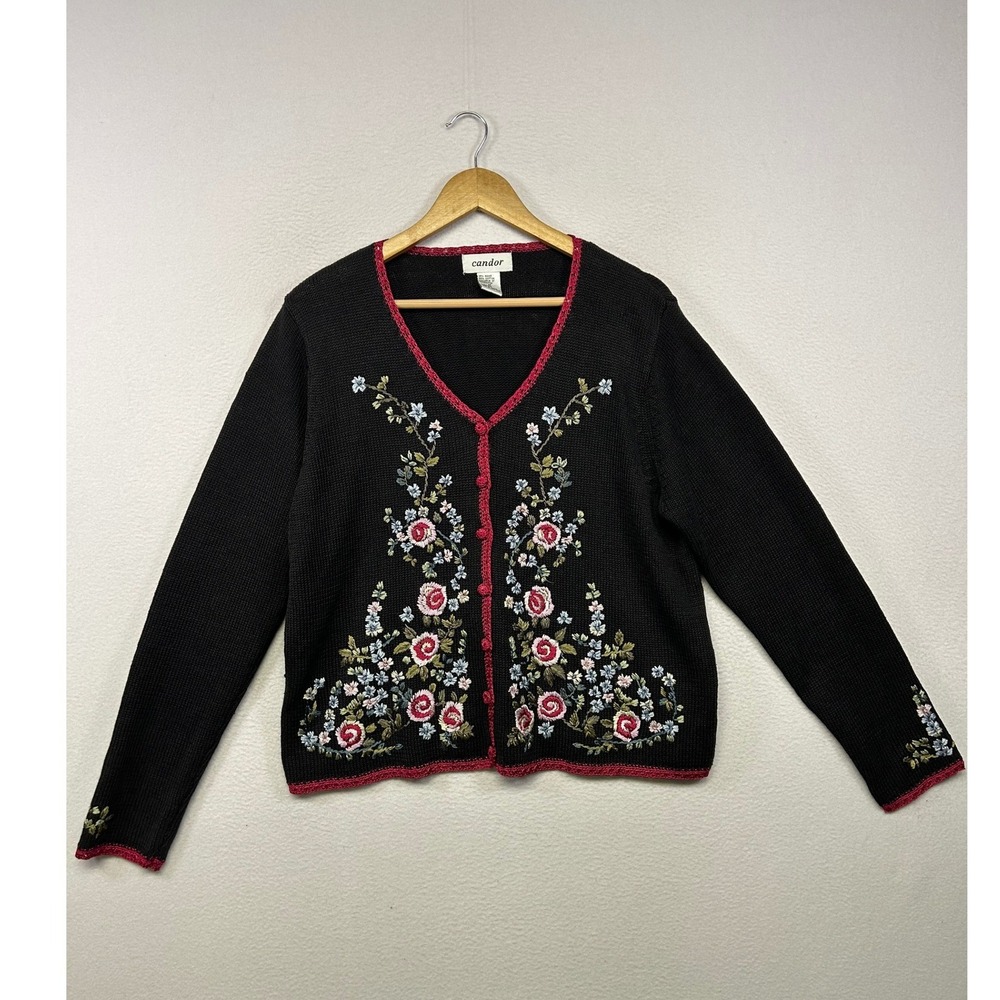 Cottagecore Candor Womens Medium Black Floral Embroidered Crochet Trim Cardigan
